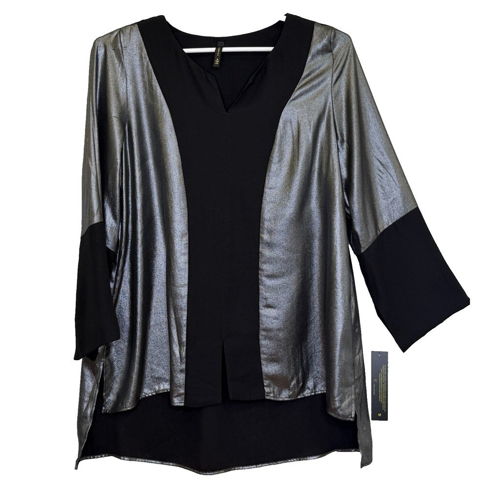 IC by Connie K Tunic Top Womens Medium Silver Black VNeck 3/4 Sleeve Chiffon NEW